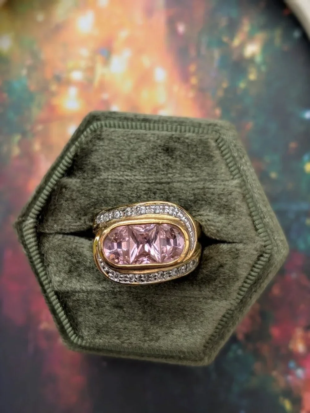 Vintage Chunky Gold Tone Statement Ring with Sparkling Pink CZ Inlay, Size 9